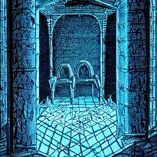 Image similar to ruins of a medieval throne room with all seats replaced by people encased in crystaline prisons, illuminated in blue light by a large crystal, perspective from the entrance, eerie ambience, handdrawn