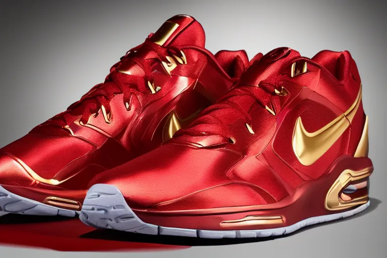 Image similar to mid product still of The New metallic red and gold Ironman Nike sneakers with glowing arc reactor swoosh and carbon fiber accents, 4k