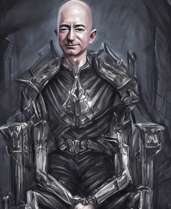 Image similar to a grimdark fantasy concept art portrait of jeff bezos sitting on a dark and evil throne