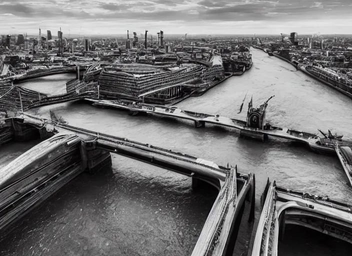 Prompt: A professional photograph of the London Bridge with the river Thames completely dried up, cyberpunk, futuristic, highly detailed, 4K, extreme detail, HDR