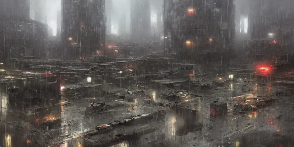 Prompt: brutalist architecture, rainy day, ominous evening, crowded airport, taxis, cargo spaceships, matte painting by greg rutkowski and craig mullins