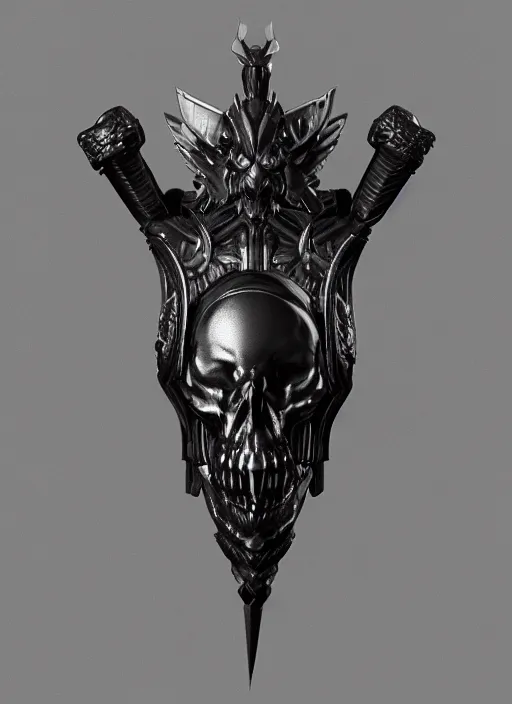 Prompt: a black long sword skull crest, orthographic, ornament, weapon, a 3 d render by dom qwek, front side views full, trending on polycount, artstation, hard surface modeling, rendered in maya, 3 ds max, blender, hd, vray, berserk blood