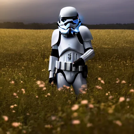 Image similar to realistic stormtrooper in a field. france, dordogne, hills, ultra high,, detail, 8 k, sunset, flowers, trees, river, hills, octane render.