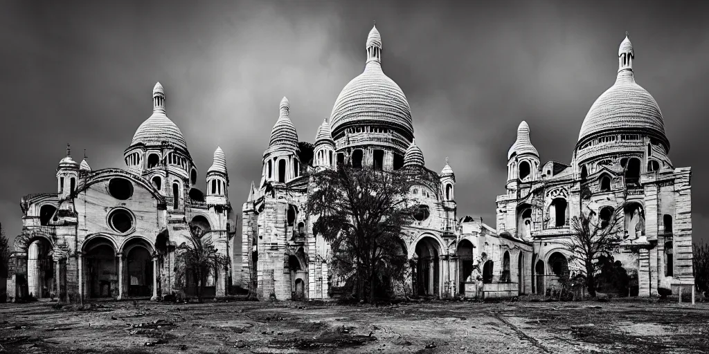 Image similar to the abandoned post-apocalyptic Basilica of Sacré Coeur de Montmartre, toxic orange and pink mist rises from the ground and contrast the white exterior, dark gray skies, stark contrasting lighting, a two-headed mutated deer-like creature looks on in the distance from the sparse twisted silhouetted foliage, a highly detailed matte painting by Zdzislaw Beksinski and Beeple, featured on Artstation