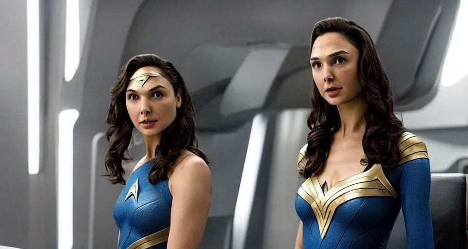 Image similar to Gal Gadot, in full starfleet uniform, is the captain of the starship Enterprise in the new Star Trek movie