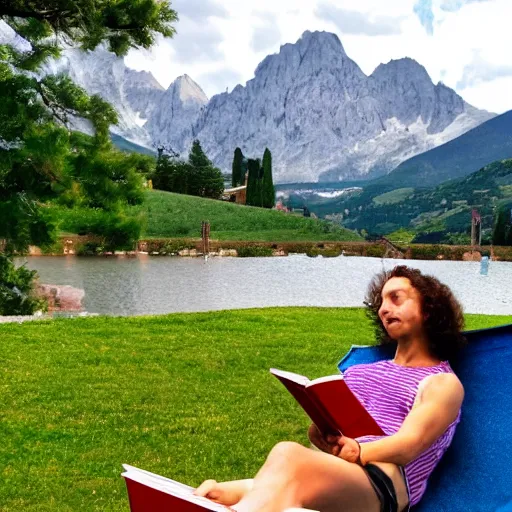 Image similar to my italian wise friend on a hammock, reading the book about love, face iluminated by new knowledge, mountains in a background