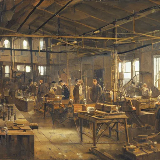 Image similar to oil painting of a nineteenth century engineers workshop, chaotic