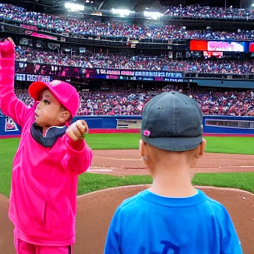 Prompt: Young 5 year old boy, with neon pink skin, arrives at a realistic baseball diamond with a real crowd angry at the loss of the blue jays, detailled.