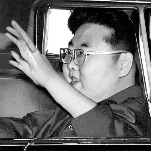 Image similar to 1960s press archive of middle-aged Kim Jong-il coming out of a car, face obscured, Reuters, 35mm film, film grain, mysterious exterior, starfish-monster arm crushing car, underexposed