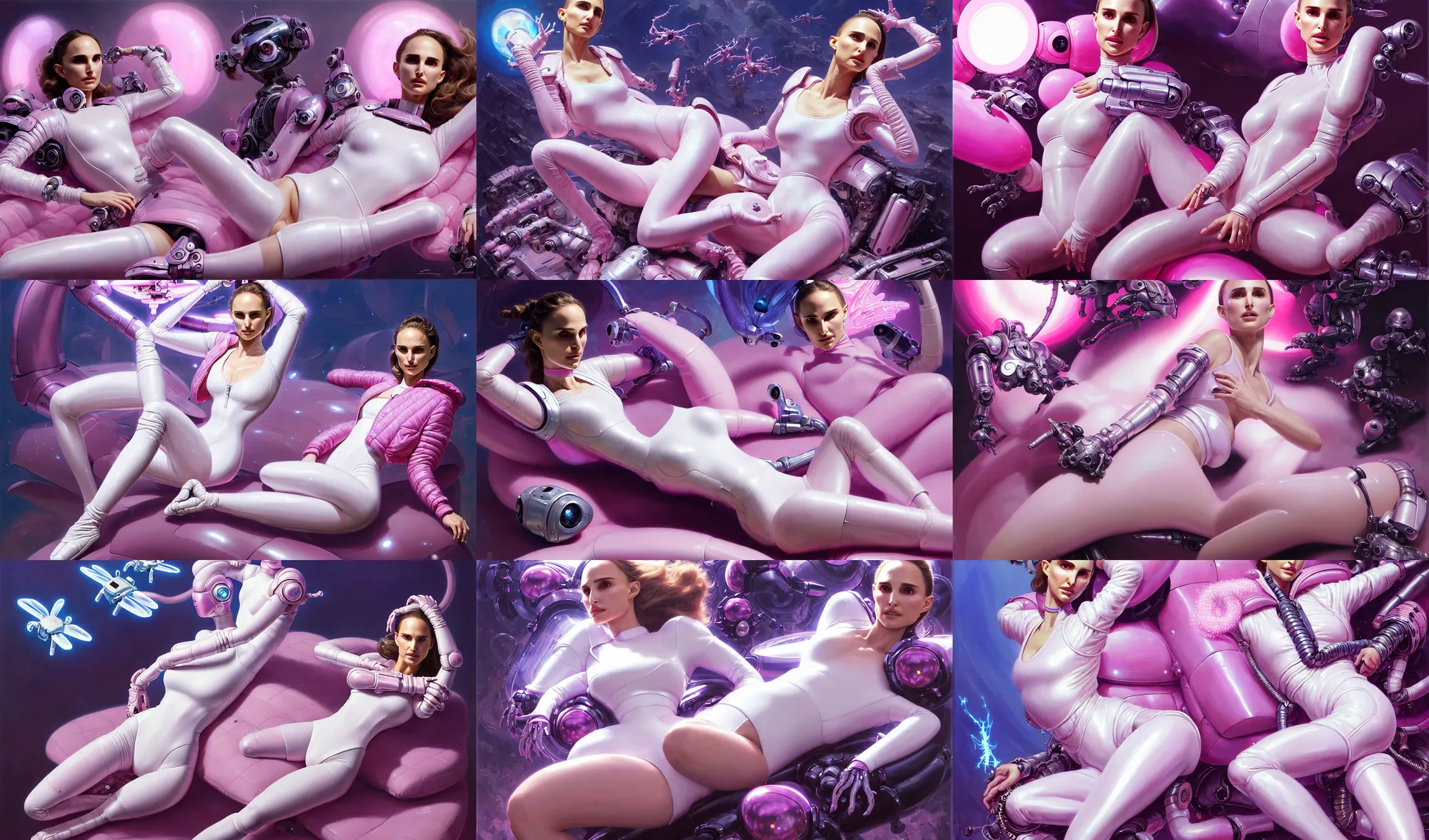 Prompt: beautiful fantasy character portrait, natalie portman, wearing pink puffy bomber jacket and white leotard, seductive reclining pose, futuristic chrome drones, ultra realistic, dramatic lighting, robots, the fifth element artifacts, highly detailed by peter mohrbacher, hajime sorayama, wayne barlowe, boris vallejo, aaron horkey, gaston bussiere, craig mullins