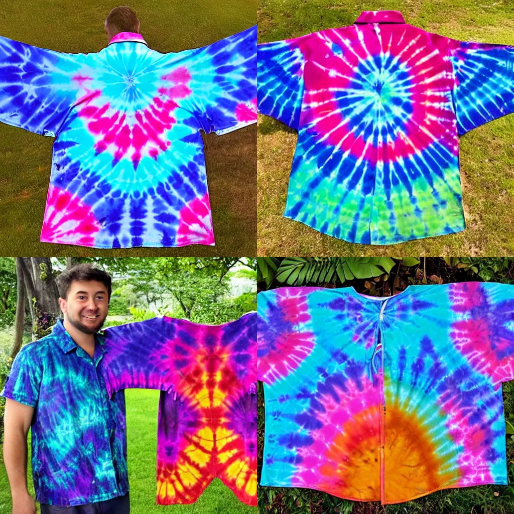 Prompt: a man tie dyed Hawaiian shirt with butterfly wings