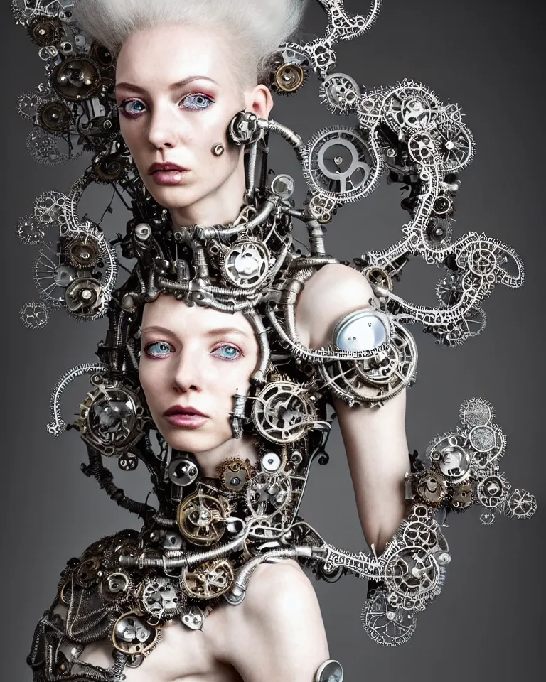 Image similar to highly detailed full body portrait of a complex bio-mechanical beautiful young female cyborg with a steampunk metal fine lace face, retrofuturistic depressing hopeless horrific vibe, full shot, pale skin, curled silver metallic hair and a fine metal floral foliage lace collar by Alexander McQueen:: high fashion, haute couture, rococo, steampunk, fine silver filigree details, anatomical, facial muscles, cable wires, microchip, elegant, hyper realistic, 150 mm lens, soft rim light, octane render, unreal engine, volumetric lighting, 8k, muted reflective metallic coloring, sharp focus