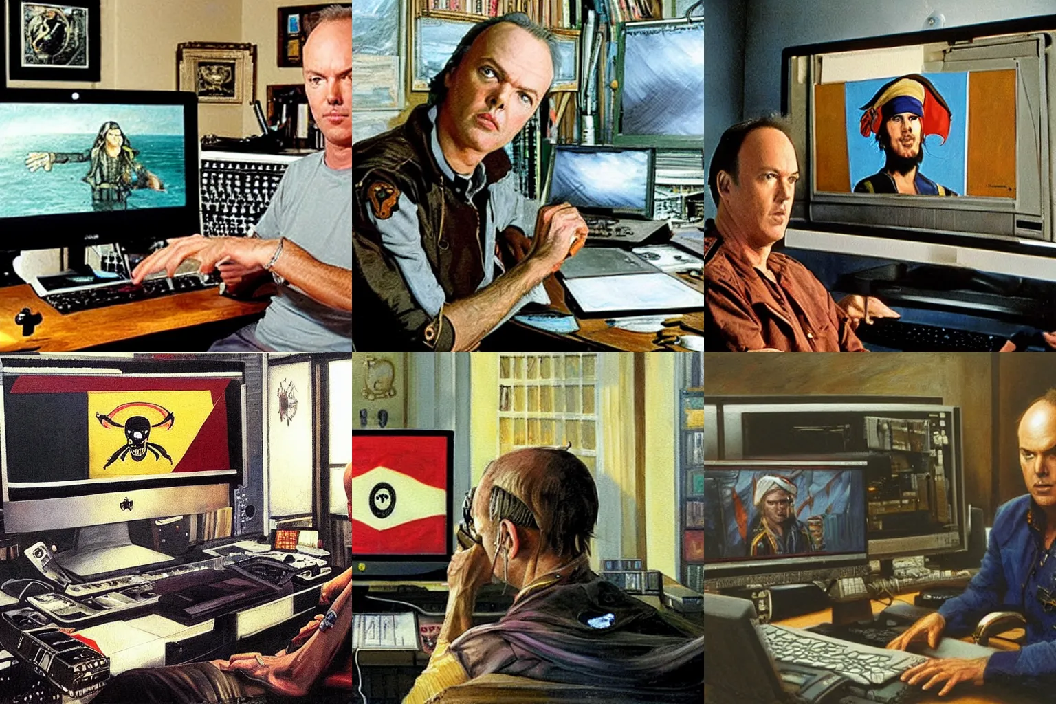Prompt: michael keaton in his computer with a brown pirate flag on the screen, painting by James gurney