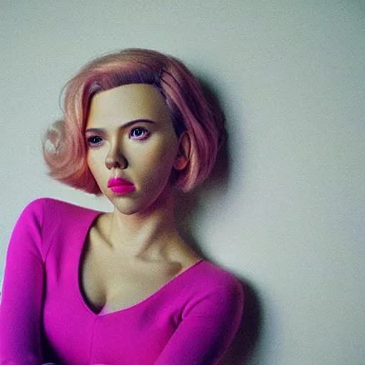 Prompt: “ scarlett johansson portrait, barbie, cartoon, pink clothes, cinematic lighting, pastel, pixar ”