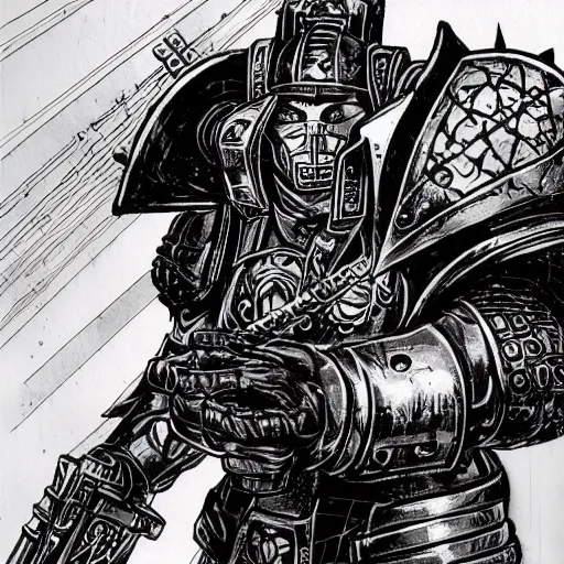 Image similar to a cyberpunk paladin from warhammer 4 0 k in very heavy silver armor wearing a crusaders helmet he is holding a large long sword in a cyberpunk setting, comic book art, cyberpunk, art by stan lee, pen drawing, inked, colorful, bright high tech lights, dark, moody, dramatic, deep shadows, marvel comics, dc comics