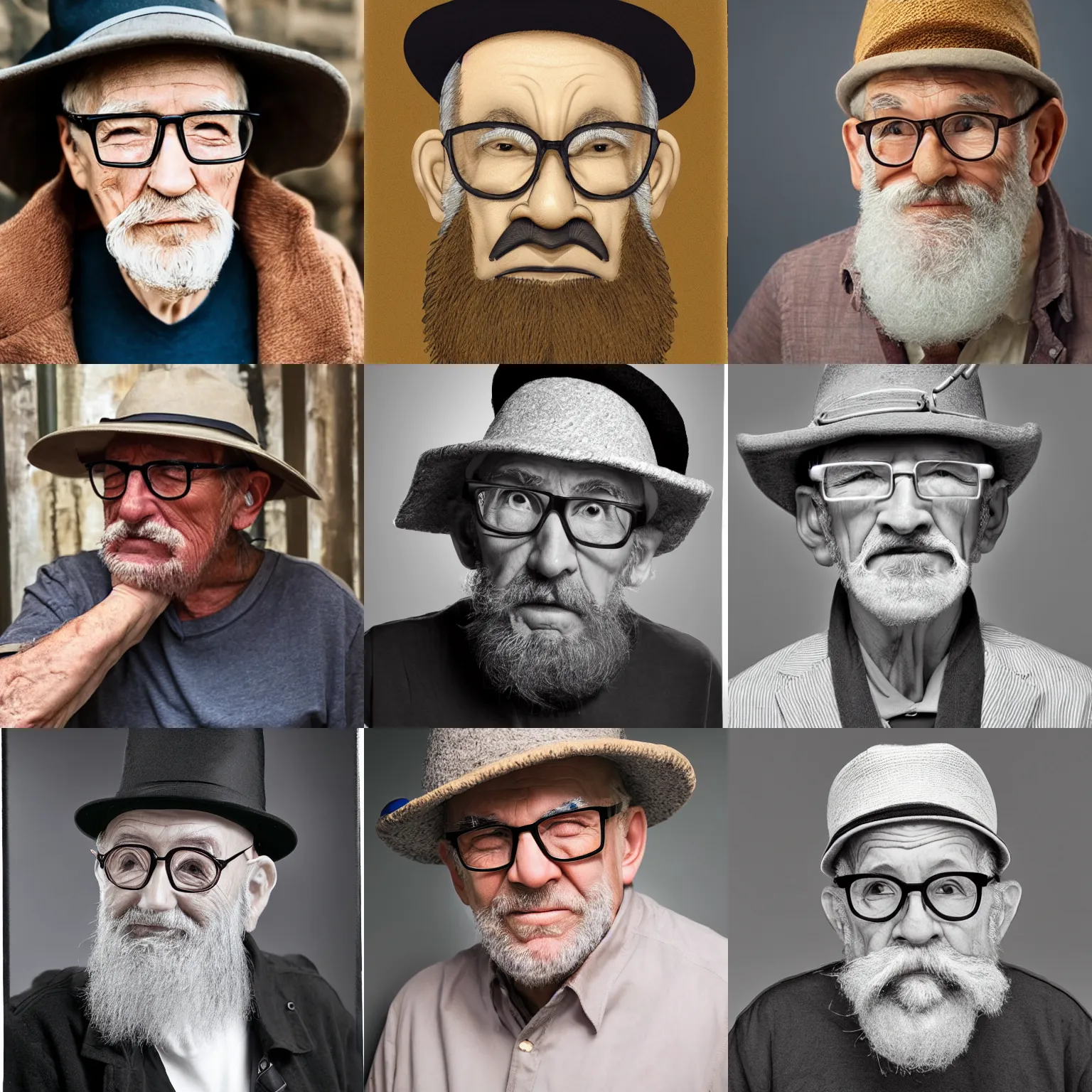 Prompt: old man with hook nose, weak chin, short beard, glasses, and hat