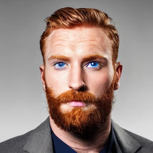 Prompt: Blue eyed ginger gigachad man with stubble, corporate portait, headshot, profile