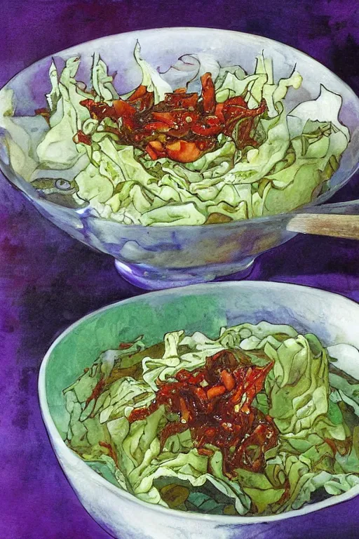 Prompt: kimchi, korean spicy fermented cabbage, by jerry pinkney
