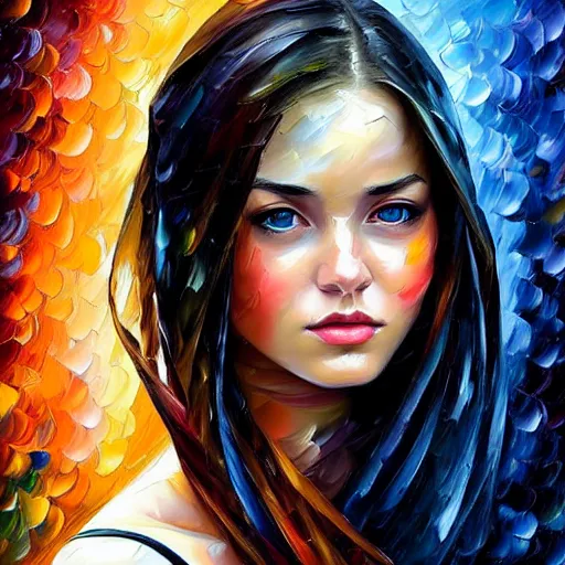 Image similar to highly detailed portrait of beautiful young woman, in the rain, highly detailed, painting, dark blue and black color palette, intricate, high quality oil painting artstyle, in the style of leonid afremov, deviantart, figurative art, deviantart, ilya kuvshinov, lovecraftian, very detailed face, portrait