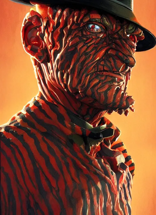 Image similar to Freddy Krueger, highly detailed, centered, solid color background, digital painting, artstation, concept art, smooth, sharp focus, illustration, Jason Edmiston, donato giancola, Joseph Christian Leyendecker, Les Edwards, Ed Repka, WLOP, Artgerm