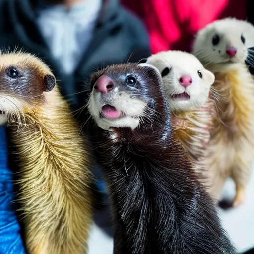 Image similar to a group of ferrets in hypebeast clothing holding a glock towards the camera