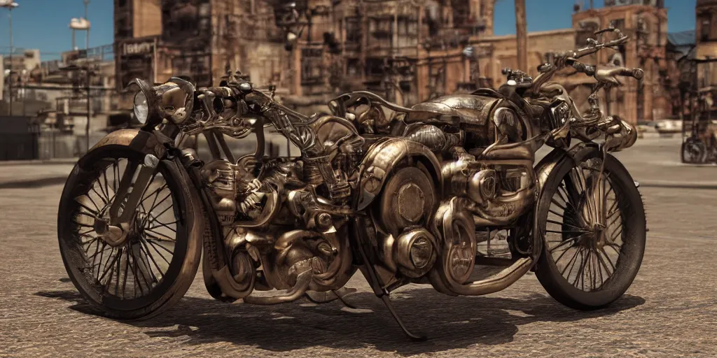 Image similar to steampunk american muscle motorcycle, photorealistic, 3 d rendering, cute, unreal engine, bokeh