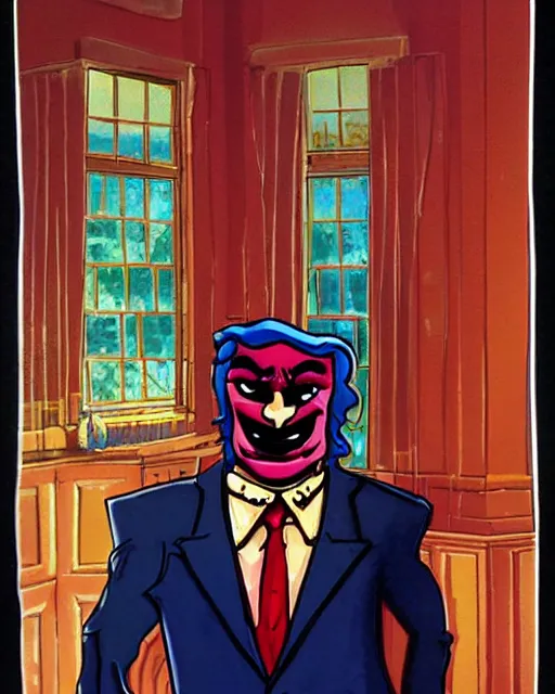 Image similar to villainous smug male antagonist in suit, fancy apartment, artwork by ralph bakshi