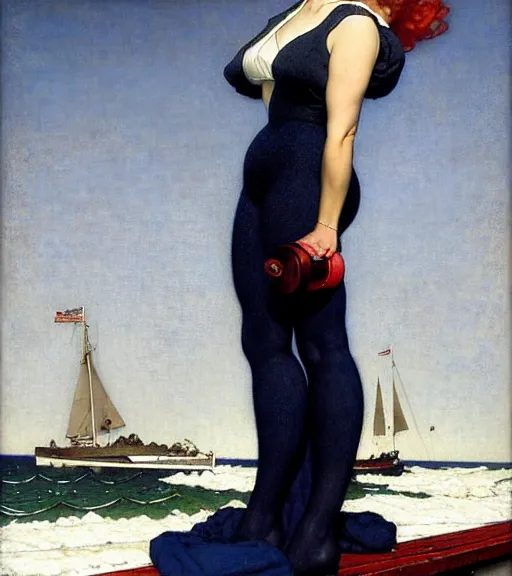Image similar to a fancy beautiful young lady standing on a wharf at the edge of the sea by brom and gil elvgren and jean delville and norman rockwell and michael whelan, crisp details, hyperrealism, high detail, high contrast, low light, grey mist, cobblestones, dim lantern, stylish navy blue heels