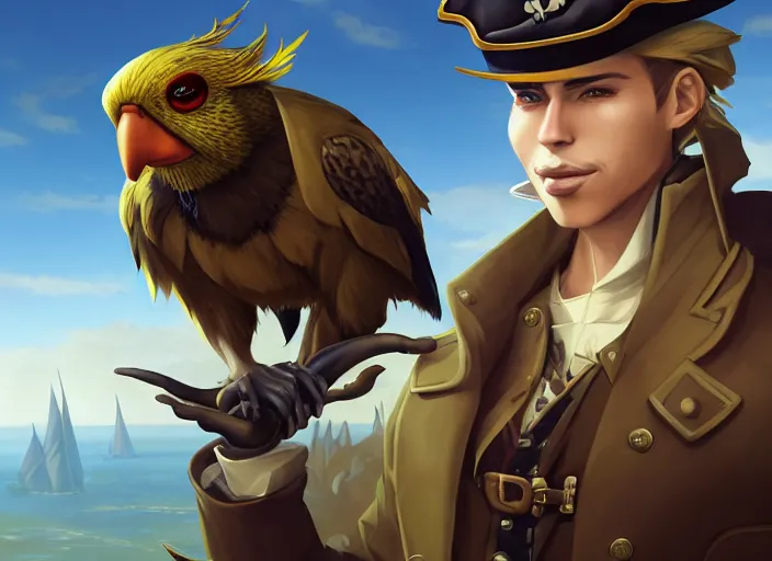 Image similar to character portrait feature of the anthro male anthropomorphic kakapo fursona wearing steampunk pirate airship captain outfit uniform professional pilot character design stylized by charlie bowater, ross tran, artgerm, and makoto shinkai, detailed, soft lighting, rendered in octane