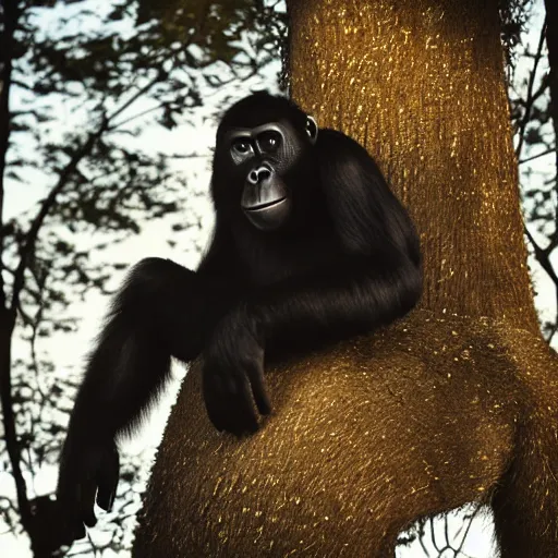 Image similar to rim light around fur of an ape on a tree, silhoutte, dim light, golden hour, tree top, dslr award winning photo, nikon