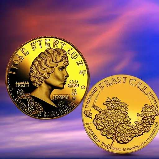 Image similar to fractal landscape golden clouds field of us coins beatific blonde woman with wings high detail 8 k