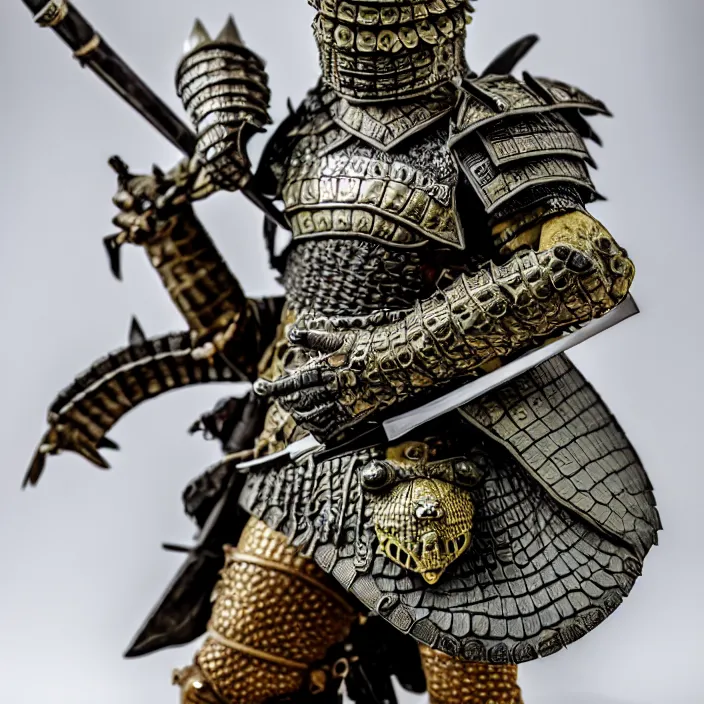 Image similar to photograph of a warrior with crocodile themed armour. extremely detailed. dslr. 8 5 mm.