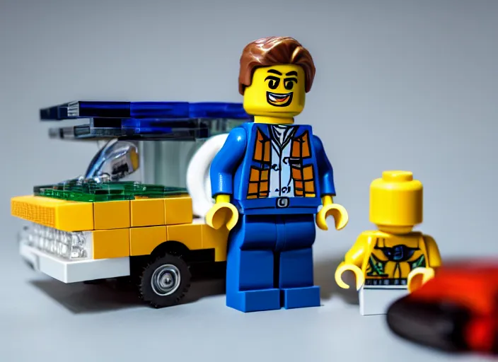 Image similar to product photo still of lego walter white with a lego winnebago in the background, 8 k, 1 2 0 mm macro, f 1. 8, studio lighting, key light