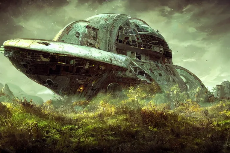 Image similar to derelict spaceship on an alien world, hyper detailed, overgrown with moss, rusty metal, cinematic lighting