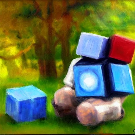 Prompt: beautiful impressionist painting of companion cube