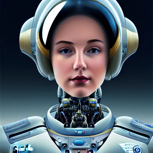 Prompt: portrait of the beautiful young robotic pilot of jets, surreal, fantasy, intricate, mechanical, elegant, dramatic, piloting a fighter jet, highly detailed, gears, lifelike, photorealistic, digital painting, painterly, artstation, concept art, smooth, head in focus, sharp focus, background aerial battle, illustration, art by John Collier and Krenz Cushart and Artem Demura and Alphonse Mucha and Albert Aublet,