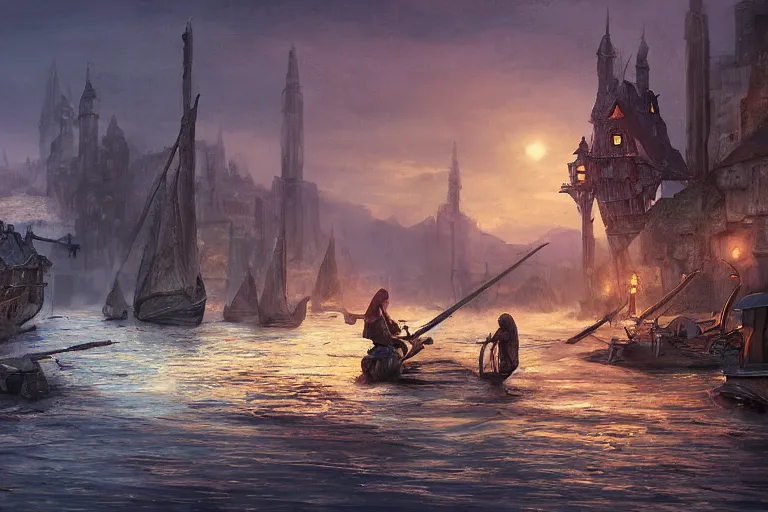 Image similar to allies who long spoke in one voice now squabble over petty differences. merchants seize farmland to build their roads ; farmers uproot sacred groves to plant their crops. sunset lighting ominous shadows, cinematic fantasy painting, dungeons and dragons, peaceful evening harbor, port, medieval coastal village, jessica rossier and brian froud