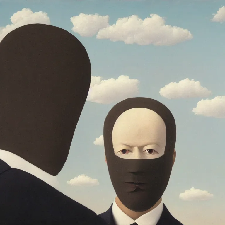 Image similar to portrait of a faceless cloth mask - head man in a suit, clouds in the background, by rene magritte, detailed painting, distance, centered, hd, hq, high resolution, high detail, 4 k, 8 k