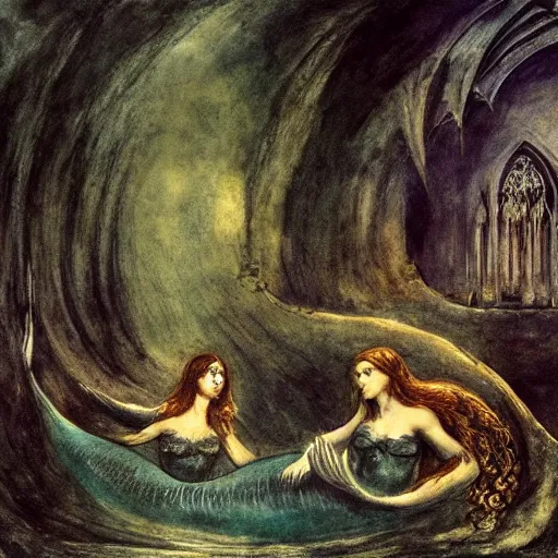 Image similar to mermaids swimming in an underwater gothic cathedral at the bottom of the ocean, in the style of arnold bocklin francisco goya william blake and kentaro miura, dark and scary abyssal ambient, utradetailed, matte painting, smooth zenithal lighting, epic masterpiece,