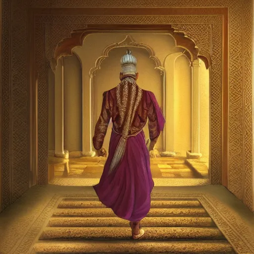 Prompt: sideview of a mughal emperor walking through a mystical door leading to another dimension, fantasy, artstation detailed digital art