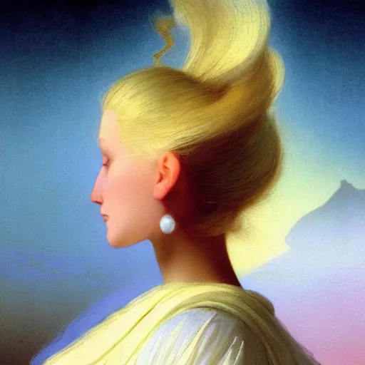 Image similar to young woman's face, her hair is white and she wears a cobalt blue satin cloak, by ivan aivazovsky and syd mead and moebius and gaston bussiere and roger dean and wojciech siudmak and pieter claesz and paul delaroche and alma tadema and aelbert cuyp, hyperrealistic, volumetric light, octane render