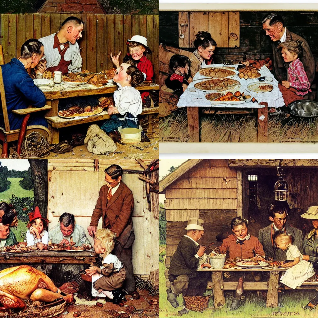 Prompt: a family eating Thanksgiving dinner from a trough in a pigpen by Norman Rockwell