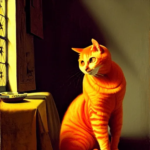 Image similar to a painting of an orange cat staring profoundly into the window, a detailed painting by johannes vermeer, behance, american scene painting, dutch golden age, detailed painting, academic art