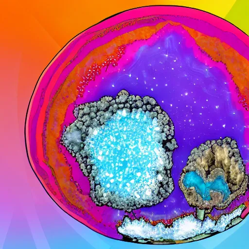 Prompt: a colorful geode as big as a planet in orbit, fantasy, sci-fi