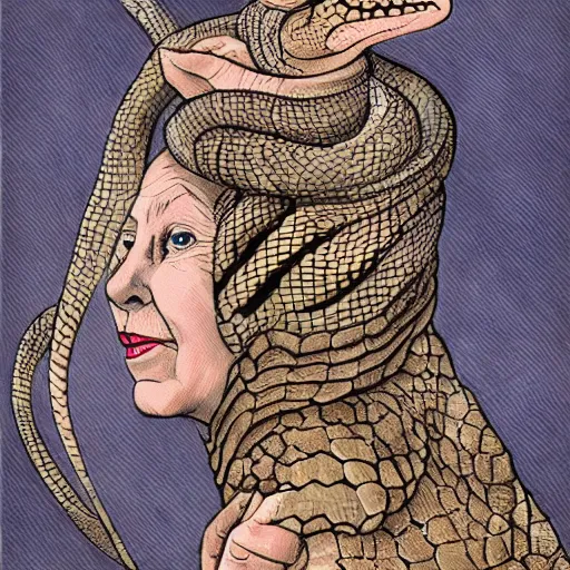 Image similar to queen elizabeth as a reptile, snake woman, snake person