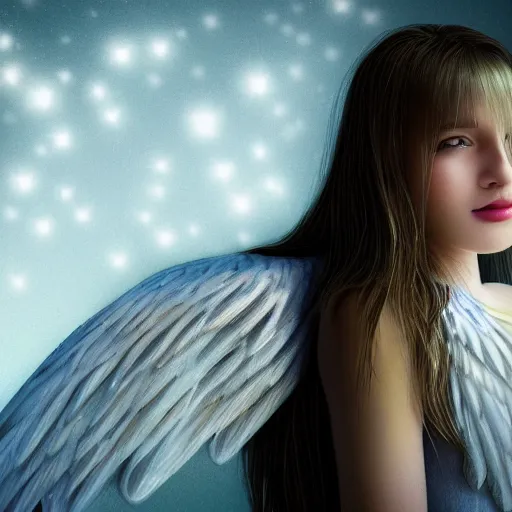 Image similar to portrait of a female angel, wings, concept art, bokeh, light mode, 3 2 k, angelic, rays of shimmering light