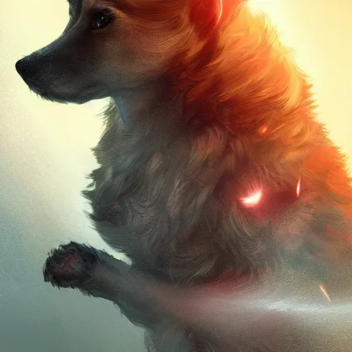 Image similar to puppy magician casting bright magic light spell, D&D, fantasy, cinematic lighting, highly detailed, digital painting, artstation, concept art, smooth, sharp focus, illustration, volumetric lighting, 8k, art by Akihiko Yoshida and Greg Rutkowski