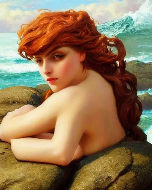 Prompt: a mermaid siting on a rock, climbing her hair with her fingers, oil on canvas, artstation, by j. c. leyendecker and edmund blair leighton and charlie bowater, beautiful face, octane, very aesthetic!!!!!!!!!!!!!!!