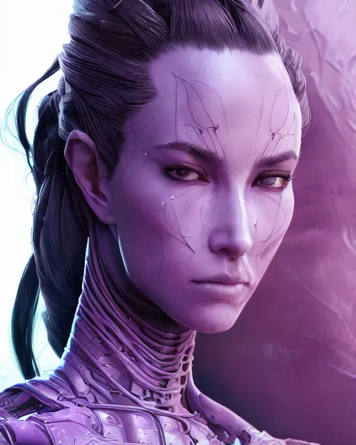 Image similar to close up portrait of a woman in smooth purple sci - fi armor, long black ponytail, elegant, intense, woman, an ultrafine hyperdetailed illustration by kim jung gi, irakli nadar, intricate linework, sharp focus, bright colors, octopath traveler, final fantasy, unreal engine 5, global illumination, radiant light