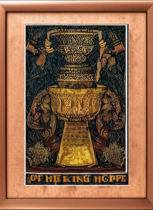 Image similar to sloth as the king of cups, copper cup, coper crown, poster framed, intricate details, medieval art style, high contrast, posterized